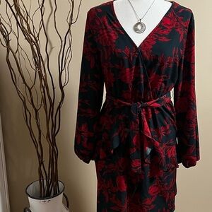Elegant Red and Black Floral Wrap Dress